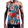 Turquoise Leaves Hibiscus Pattern Print Men's Workout Tank Top