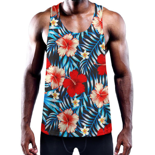 Turquoise Leaves Hibiscus Pattern Print Training Tank Top