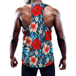 Turquoise Leaves Hibiscus Pattern Print Training Tank Top