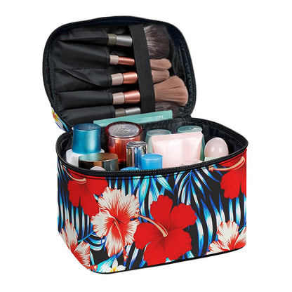 Turquoise Leaves Hibiscus Pattern Print Travel Makeup Bag