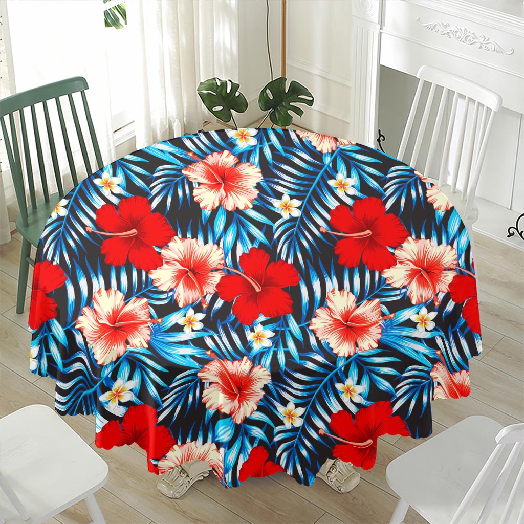 Turquoise Leaves Hibiscus Pattern Print Waterproof Round Tablecloth
