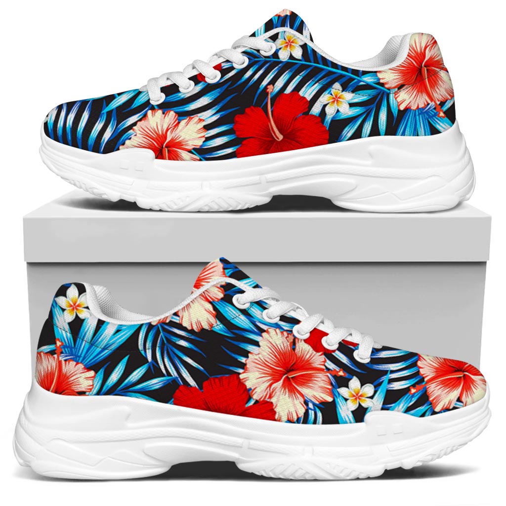 Turquoise Leaves Hibiscus Pattern Print White Chunky Shoes