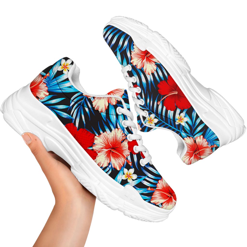 Turquoise Leaves Hibiscus Pattern Print White Chunky Shoes