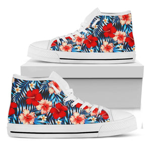 Turquoise Leaves Hibiscus Pattern Print White High Top Sneakers