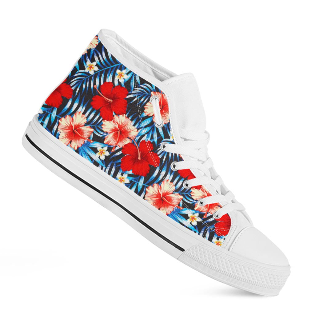 Turquoise Leaves Hibiscus Pattern Print White High Top Sneakers