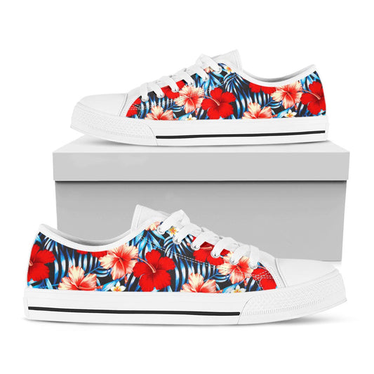 Turquoise Leaves Hibiscus Pattern Print White Low Top Sneakers