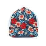 Turquoise Leaves Hibiscus Pattern Print White Mesh Trucker Cap