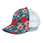 Turquoise Leaves Hibiscus Pattern Print White Mesh Trucker Cap
