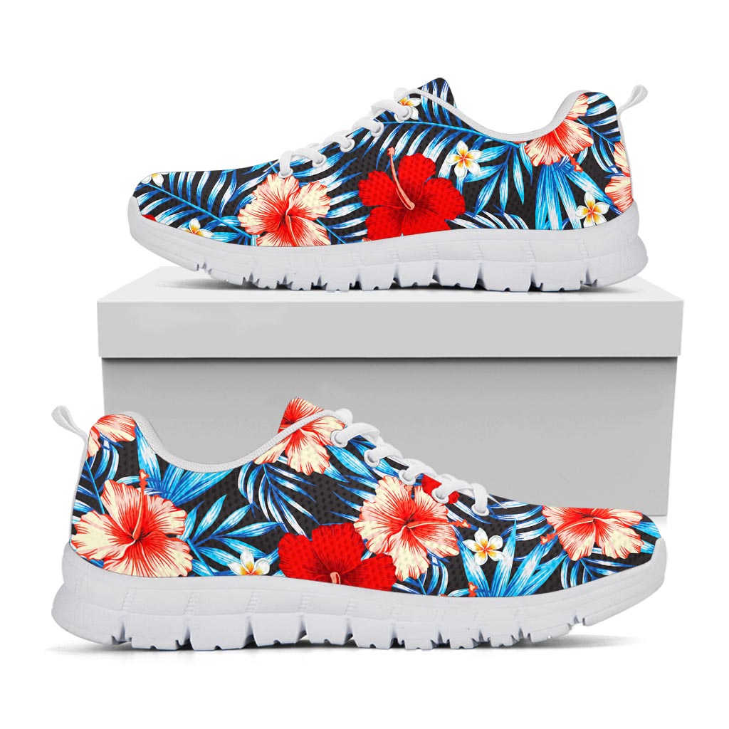 Turquoise Leaves Hibiscus Pattern Print White Running Shoes