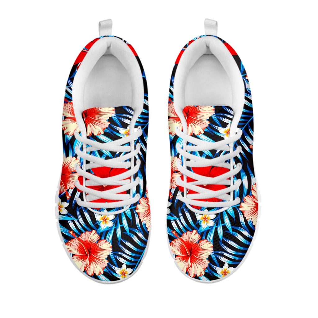 Turquoise Leaves Hibiscus Pattern Print White Running Shoes