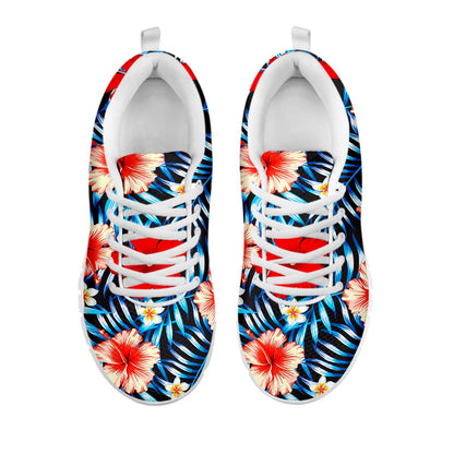 Turquoise Leaves Hibiscus Pattern Print White Running Shoes