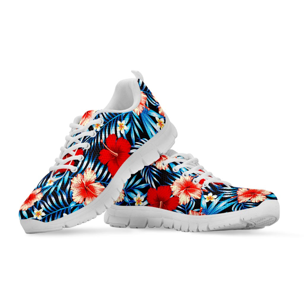 Turquoise Leaves Hibiscus Pattern Print White Running Shoes