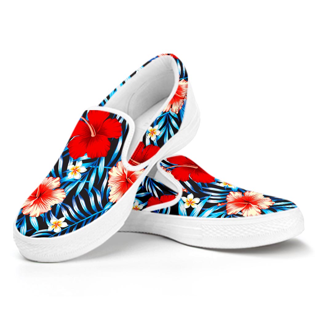 Turquoise Leaves Hibiscus Pattern Print White Slip On Sneakers