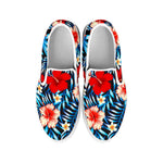 Turquoise Leaves Hibiscus Pattern Print White Slip On Sneakers