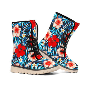 Turquoise Leaves Hibiscus Pattern Print Winter Boots