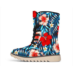 Turquoise Leaves Hibiscus Pattern Print Winter Boots