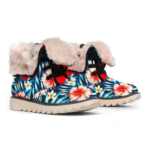 Turquoise Leaves Hibiscus Pattern Print Winter Boots