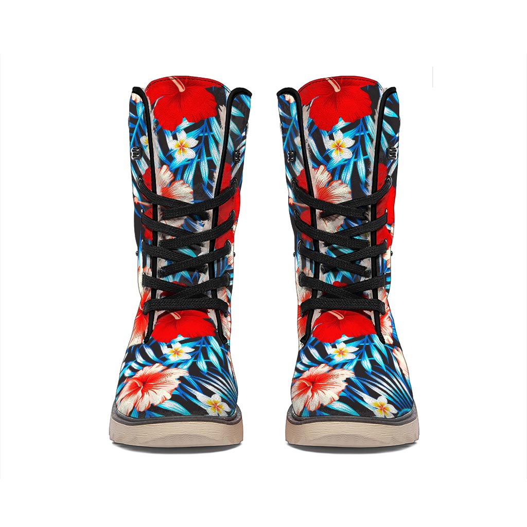 Turquoise Leaves Hibiscus Pattern Print Winter Boots