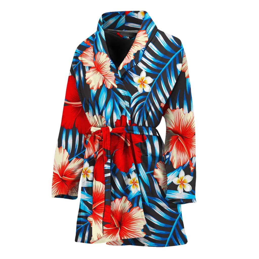 Turquoise Leaves Hibiscus Pattern Print Women's Bathrobe