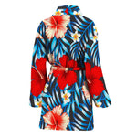 Turquoise Leaves Hibiscus Pattern Print Women's Bathrobe