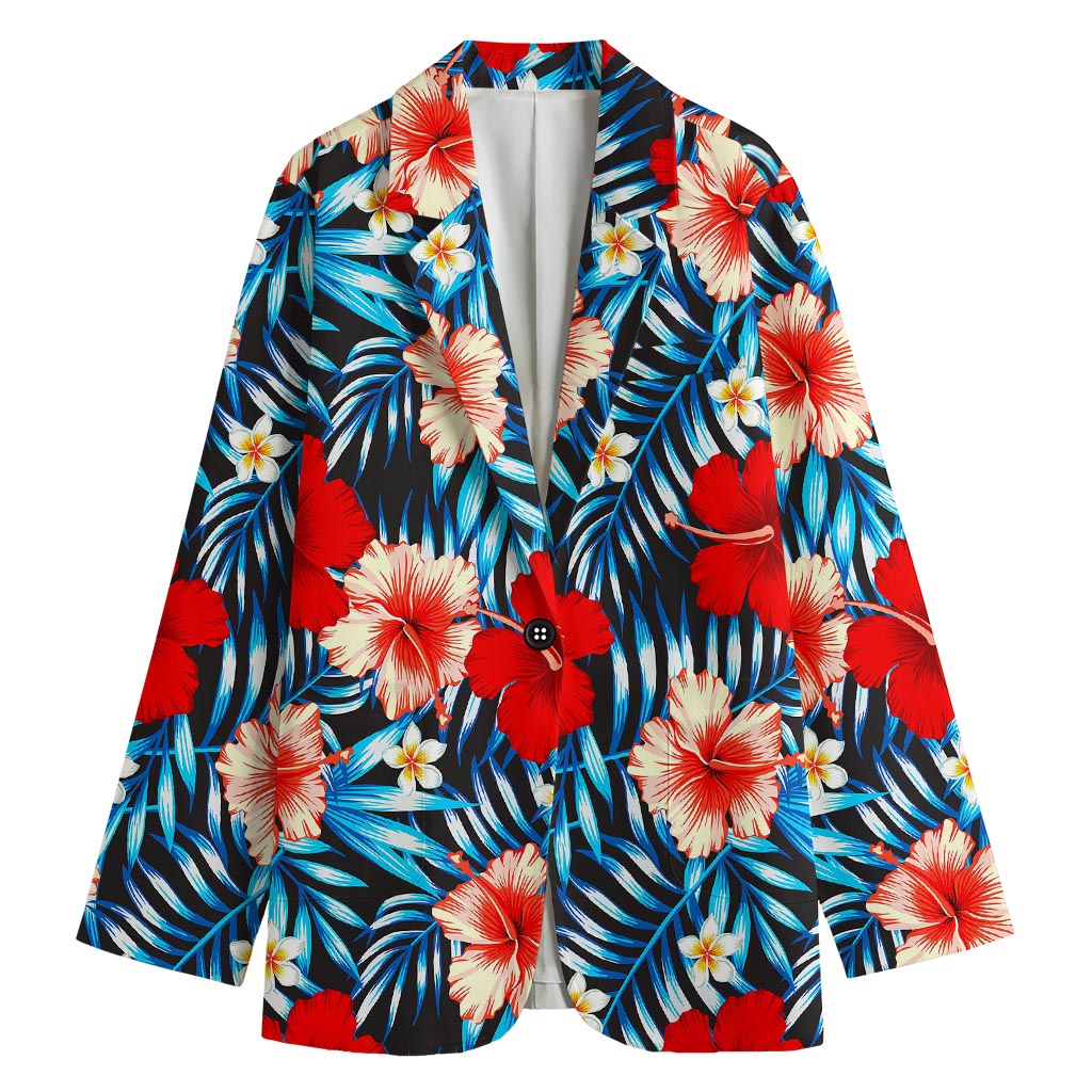 Turquoise Leaves Hibiscus Pattern Print Women's Blazer