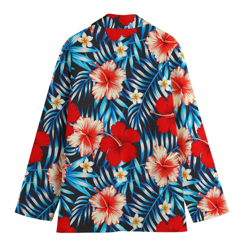 Turquoise Leaves Hibiscus Pattern Print Women's Blazer