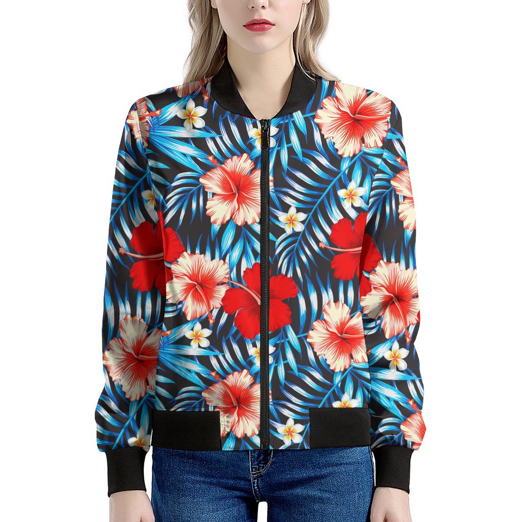 Turquoise Leaves Hibiscus Pattern Print Women's Bomber Jacket