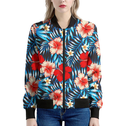 Turquoise Leaves Hibiscus Pattern Print Women's Bomber Jacket