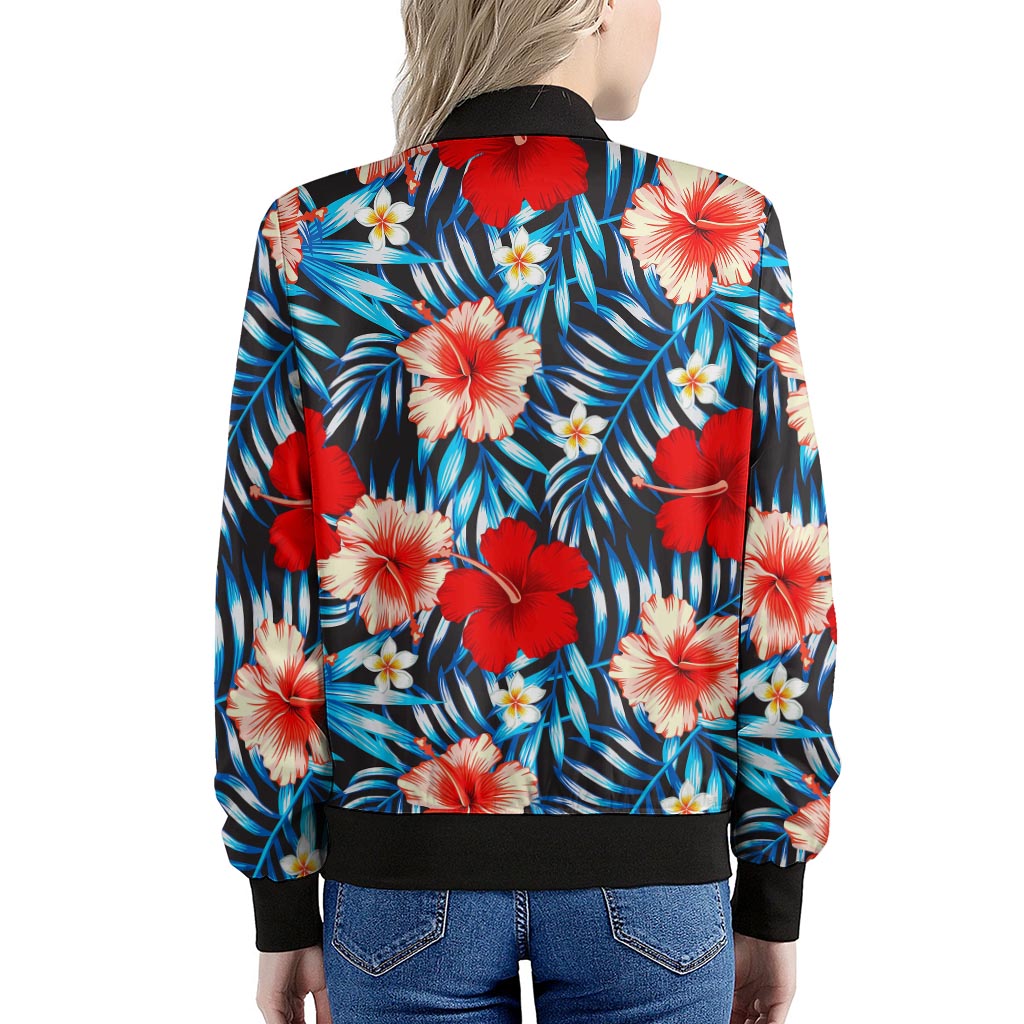Turquoise Leaves Hibiscus Pattern Print Women's Bomber Jacket
