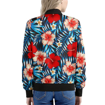 Turquoise Leaves Hibiscus Pattern Print Women's Bomber Jacket