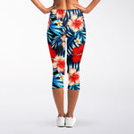 Turquoise Leaves Hibiscus Pattern Print Women's Capri Leggings