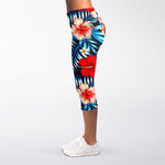 Turquoise Leaves Hibiscus Pattern Print Women's Capri Leggings