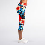 Turquoise Leaves Hibiscus Pattern Print Women's Capri Leggings