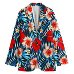 Turquoise Leaves Hibiscus Pattern Print Women's Cotton Blazer