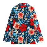 Turquoise Leaves Hibiscus Pattern Print Women's Cotton Blazer