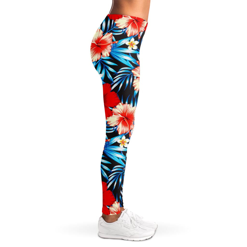 Turquoise Leaves Hibiscus Pattern Print Women's Leggings