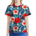 Turquoise Leaves Hibiscus Pattern Print Women's Polo Shirt