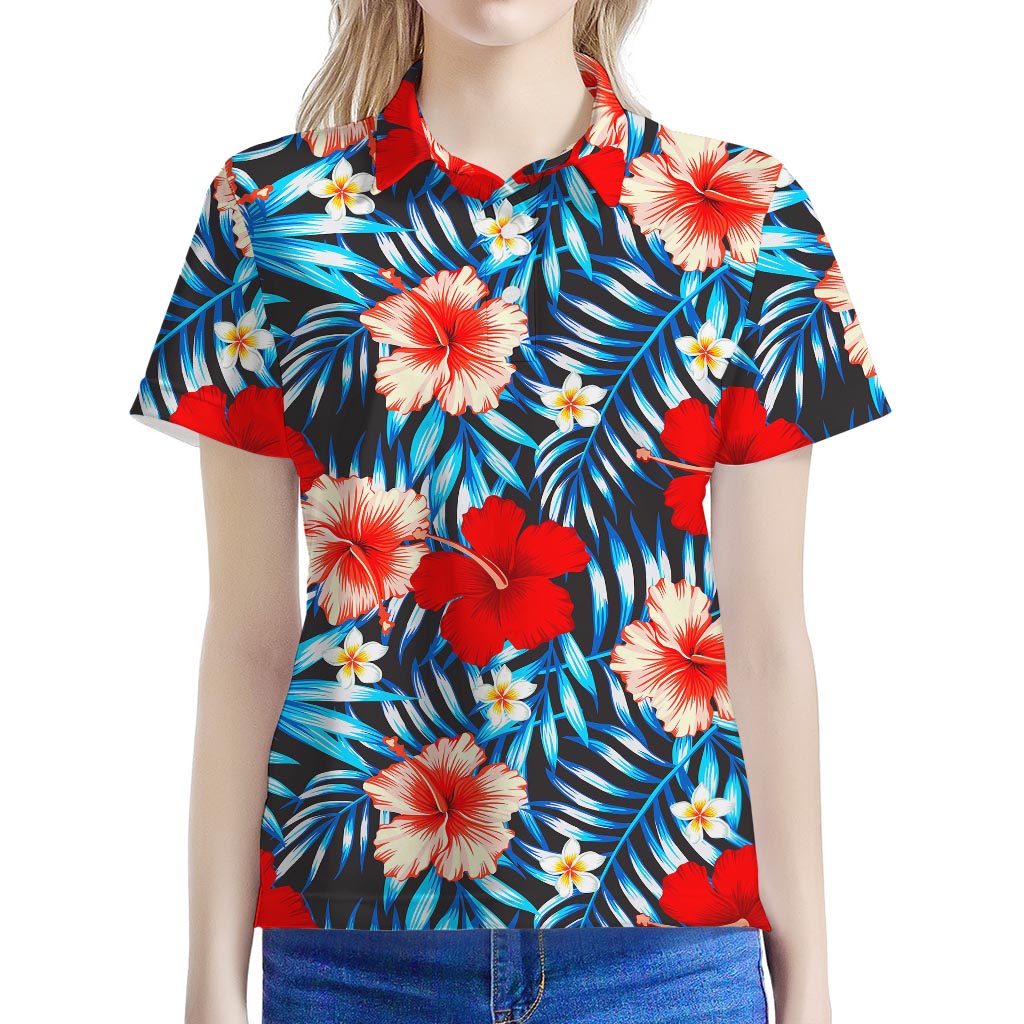 Turquoise Leaves Hibiscus Pattern Print Women's Polo Shirt