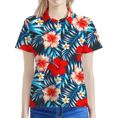 Turquoise Leaves Hibiscus Pattern Print Women's Polo Shirt