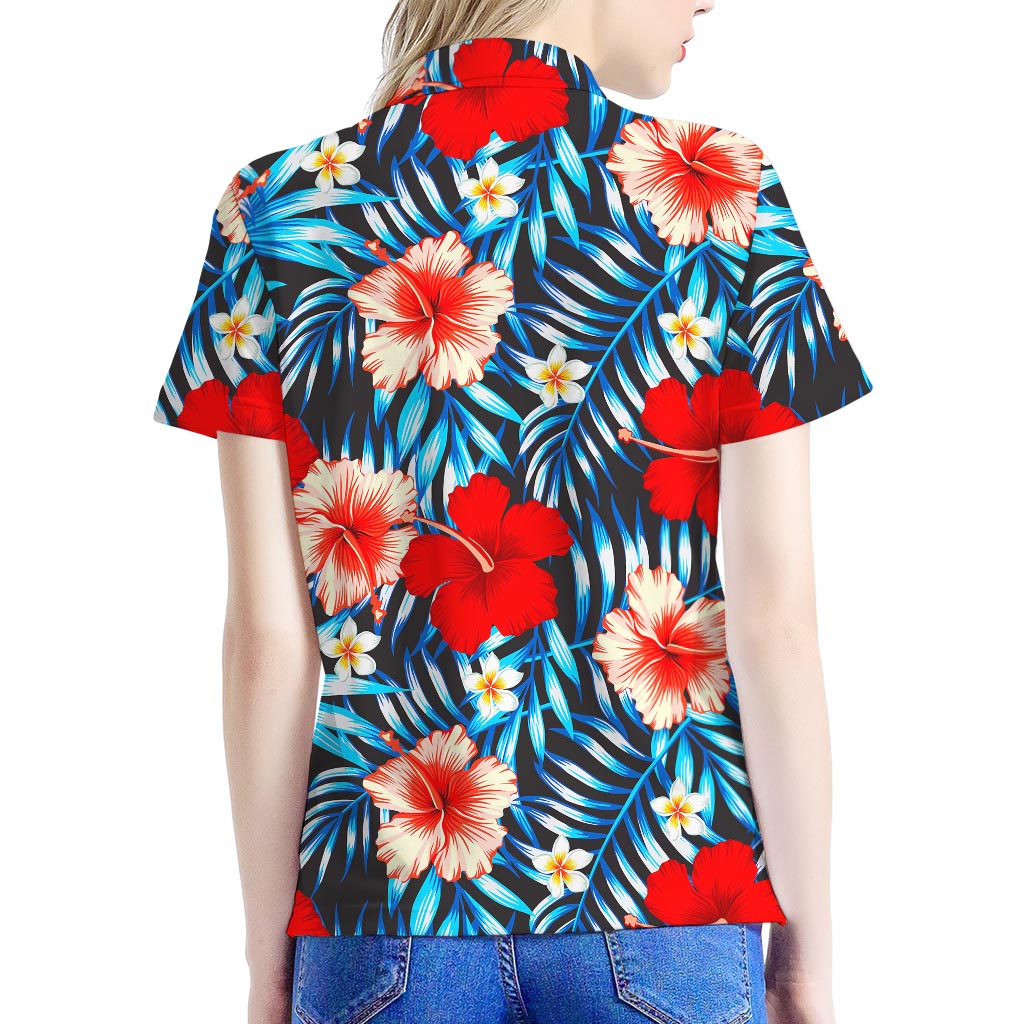 Turquoise Leaves Hibiscus Pattern Print Women's Polo Shirt