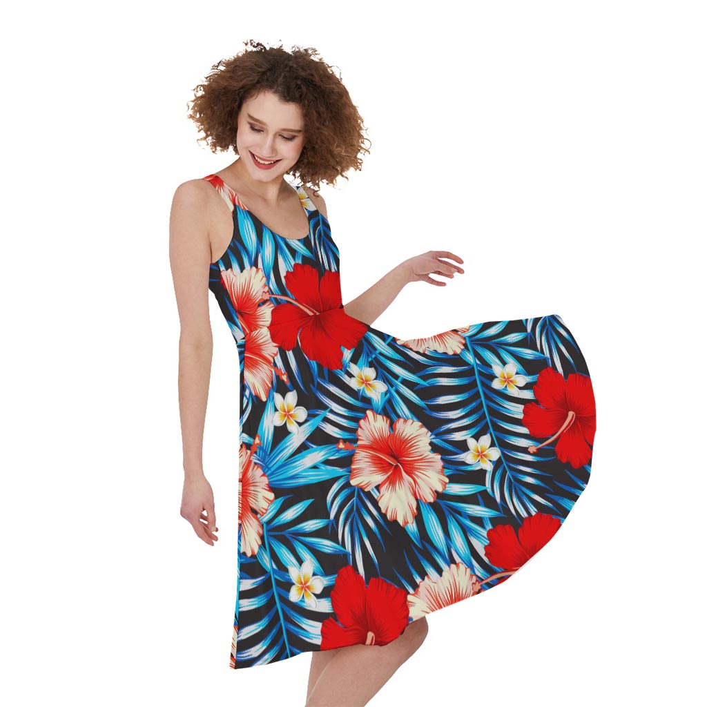 Turquoise Leaves Hibiscus Pattern Print Women's Sleeveless Dress
