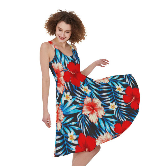 Turquoise Leaves Hibiscus Pattern Print Women's Sleeveless Dress
