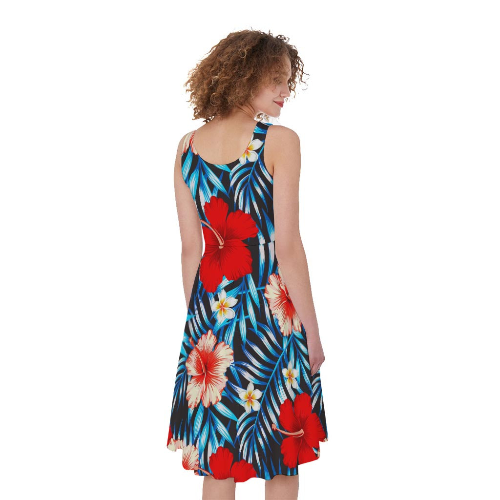 Turquoise Leaves Hibiscus Pattern Print Women's Sleeveless Dress
