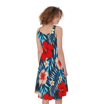 Turquoise Leaves Hibiscus Pattern Print Women's Sleeveless Dress