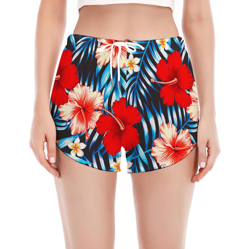 Turquoise Leaves Hibiscus Pattern Print Women's Split Running Shorts