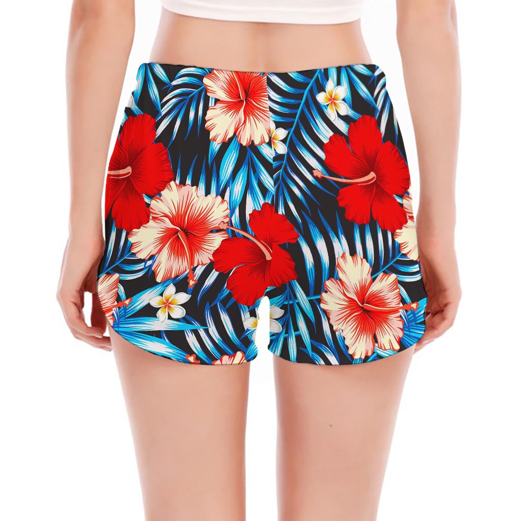 Turquoise Leaves Hibiscus Pattern Print Women's Split Running Shorts
