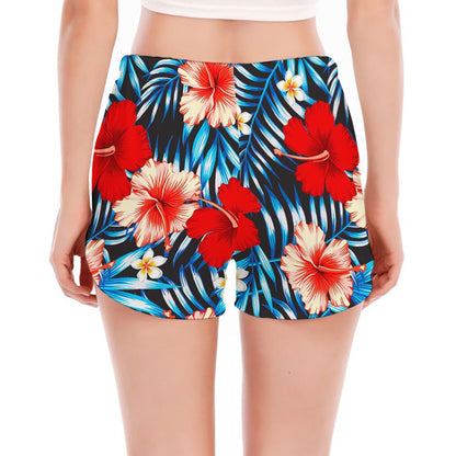Turquoise Leaves Hibiscus Pattern Print Women's Split Running Shorts