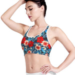 Turquoise Leaves Hibiscus Pattern Print Women's Sports Bra