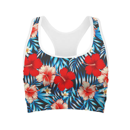 Turquoise Leaves Hibiscus Pattern Print Women's Sports Bra