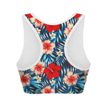 Turquoise Leaves Hibiscus Pattern Print Women's Sports Bra
